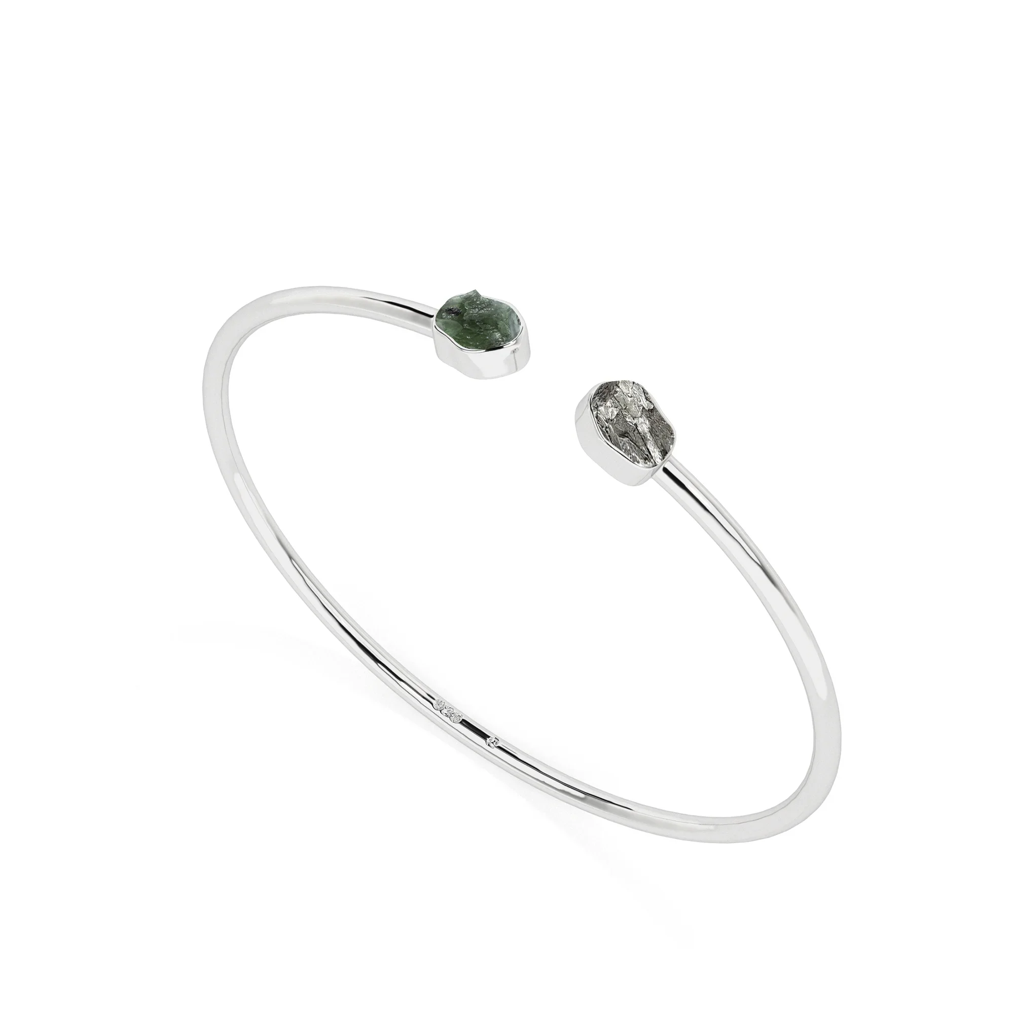 Meteorite and moldavite two-stone twister bracelet