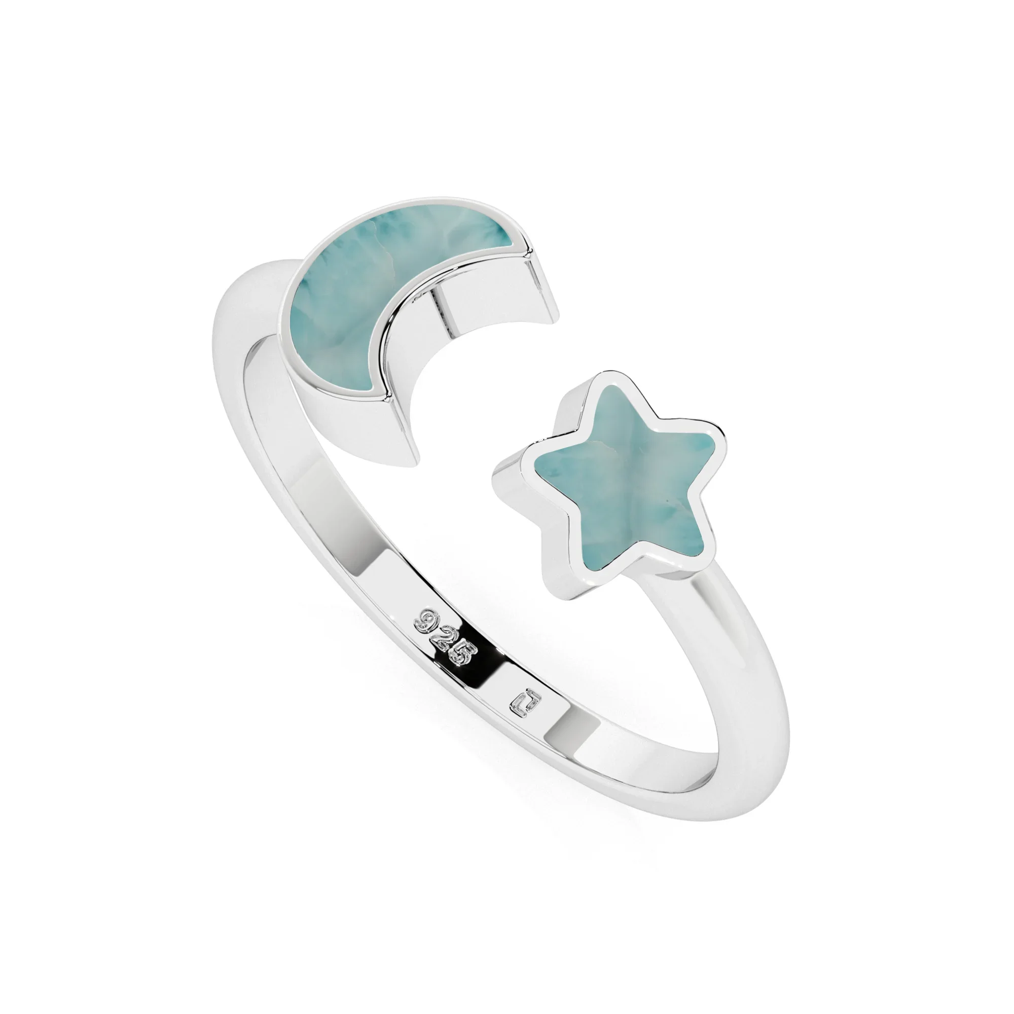 Larimar moon and star stackable ring